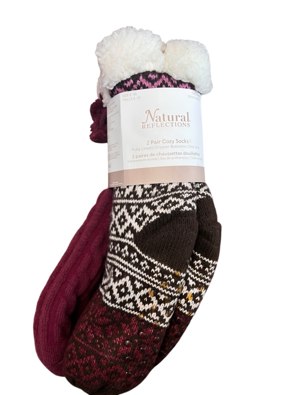 Natural Reflections 2 Pair Cozy Socks Slipper Gripper Nordic Lined new